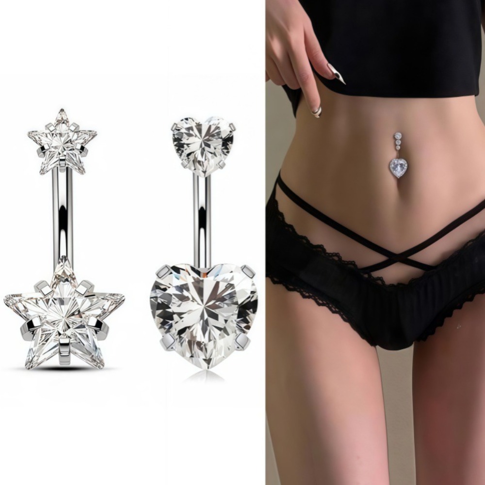 Body Jewelry Belly Button Rings - Heart Round Double Head Zircon Stainless
